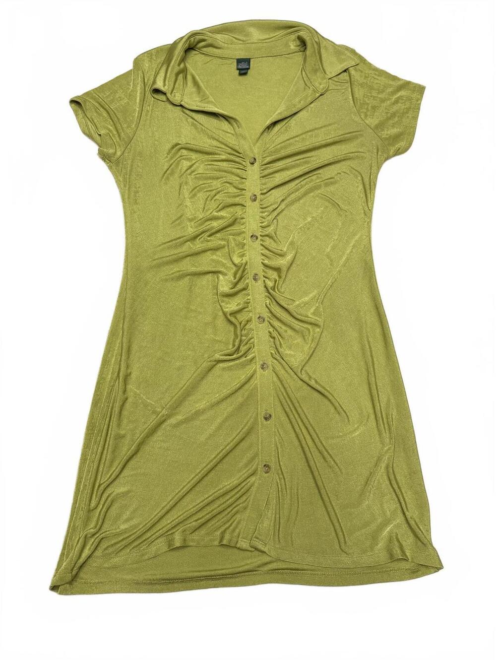 Wild Fable Lime Green Ruched Button Front Mini Dress Collared Y2K Size Large